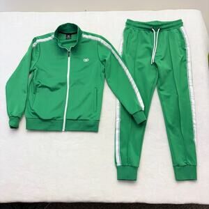 Jian Wang Track Suit Mens Two Piece Set Jacket Pants Green & White Size S